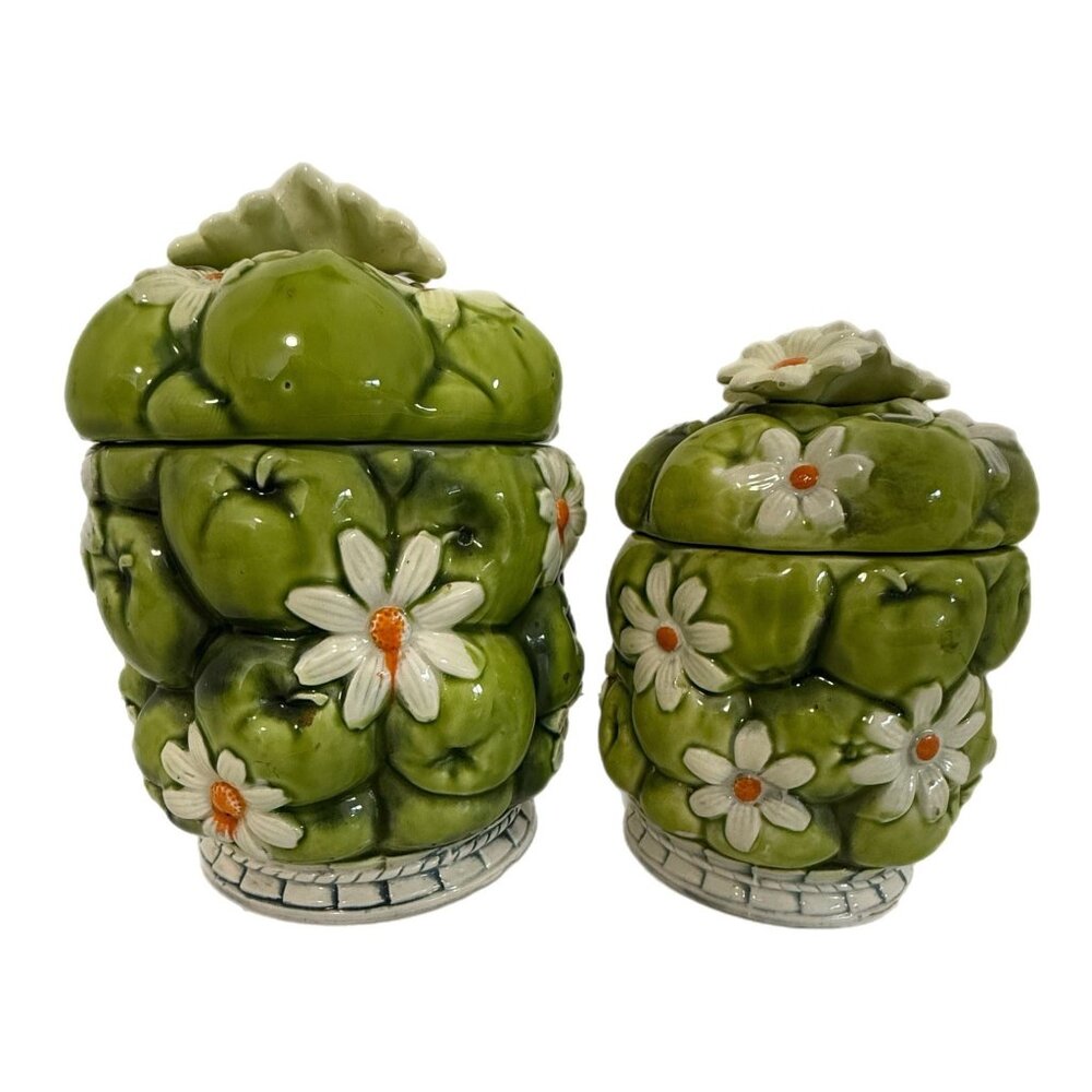 Inarco 1967 Creme de Menthe Green Apple White Daisy Set of 2 Canisters Vintage